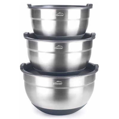 Lacor S/S Mixing Bowls with Non-slip Base & PP Lid Set of 3 (16,18,20cm)