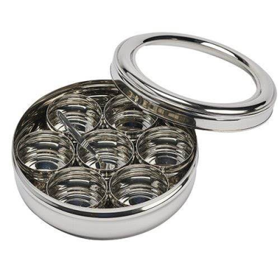 Round Stainless Steel See Through Horizon Masala Daba / Spice Box 21x8cm 7 compartments