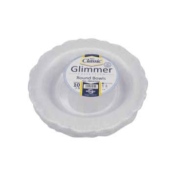 Reusable Round Silver Glimmer Plastic Bowl 340ml / 12oz (Pack 10)