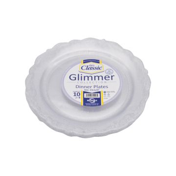 Reusable Round Silver Glimmer Plastic Plate 9&quot; / 23cm (Pack 10)